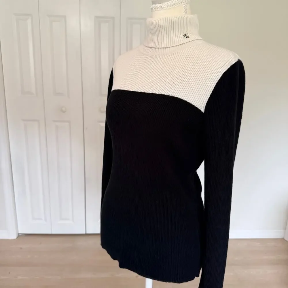 Vintage Lauren Ralph Lauren Colorblock Turtleneck Sweater Black White RLL Large